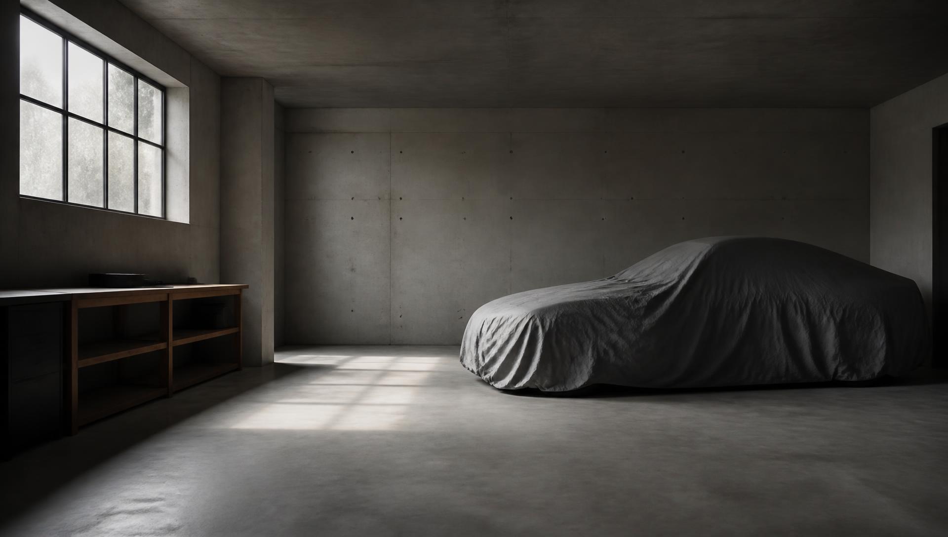 A covered vehicle in a quiet concrete garage lit by a single window